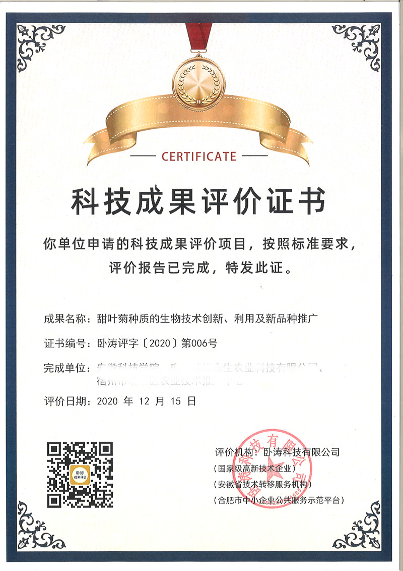 科技成果評(píng)價(jià)證書